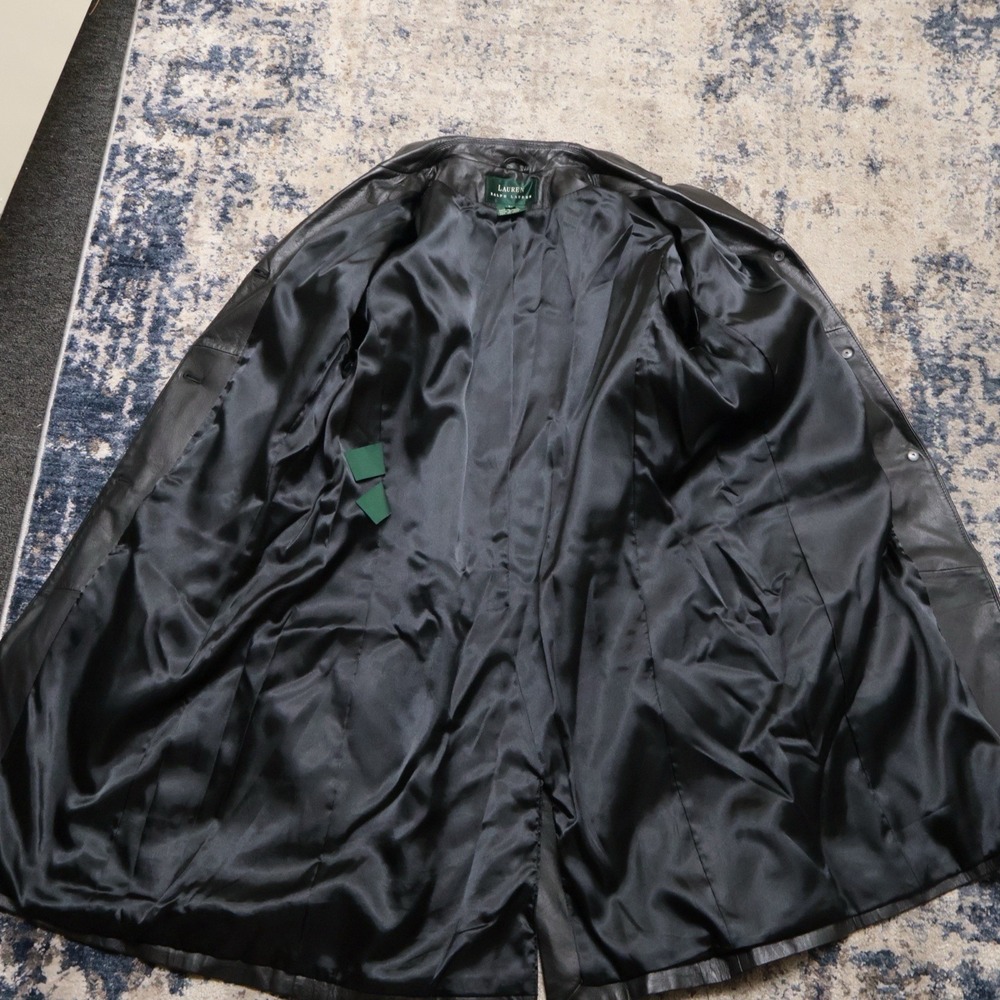 Vintage Lauren Ralph Lauren Black Leather Coat Jacket Womens L Trench Car Coat View 6